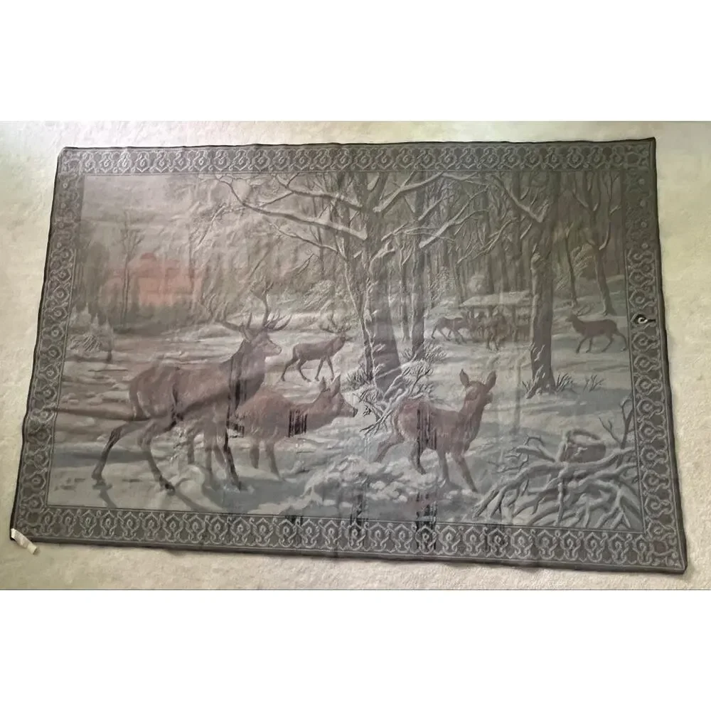 Large Vintage Italian Tapestry Woodland Deer Sunset Landscape Cabin Lodge Nature